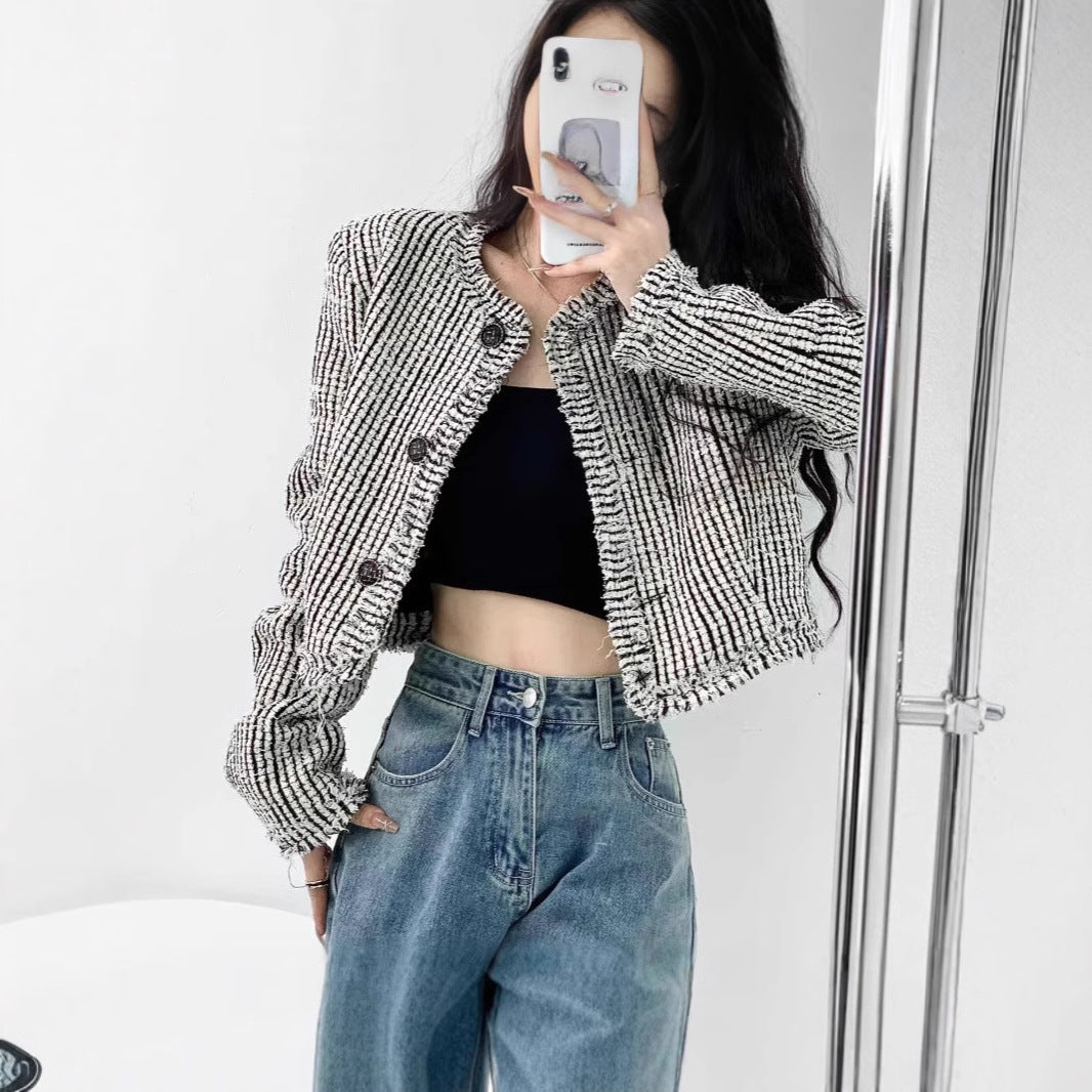 Damen trendige Bouclé-Jacke mit dekorativen Knöpfen und lässigem Schnitt EB