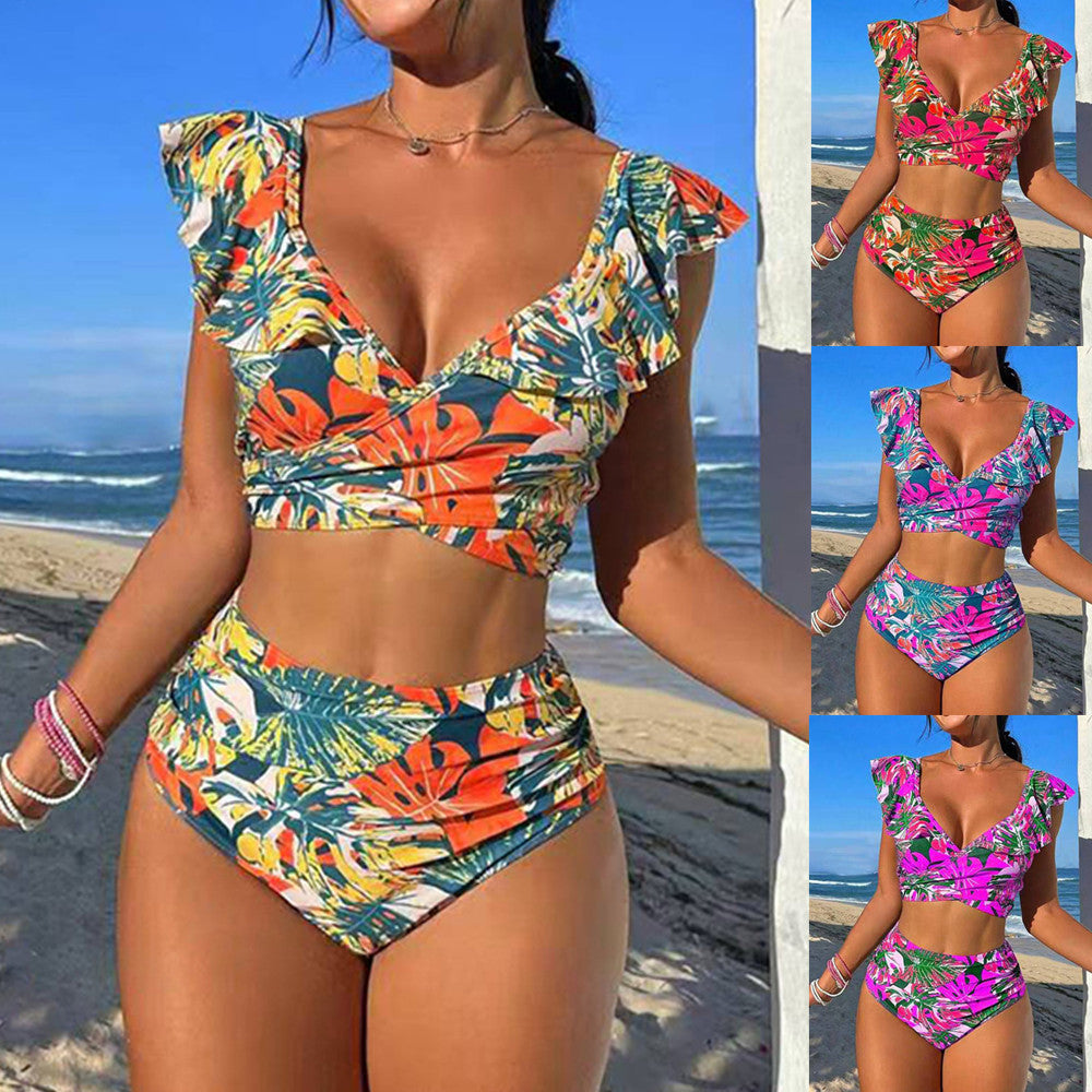 Damen Hoch-tailliertes Badebikini mit verspielten Rüschendetails EB