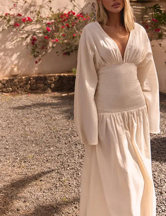 Damen Langes Boho-Maxi-Kleid mit Smock-Taillenband, tiefem V‑Ausschnitt und weiten Ballonärmeln EB