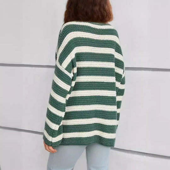 Damen lässiger gehäkelter Pullover mit modernen Blockstreifen EB