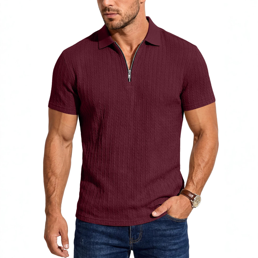 Herren Kurzarm-Strickpoloshirt mit Reißverschluss und Zopfstrickstruktur EB