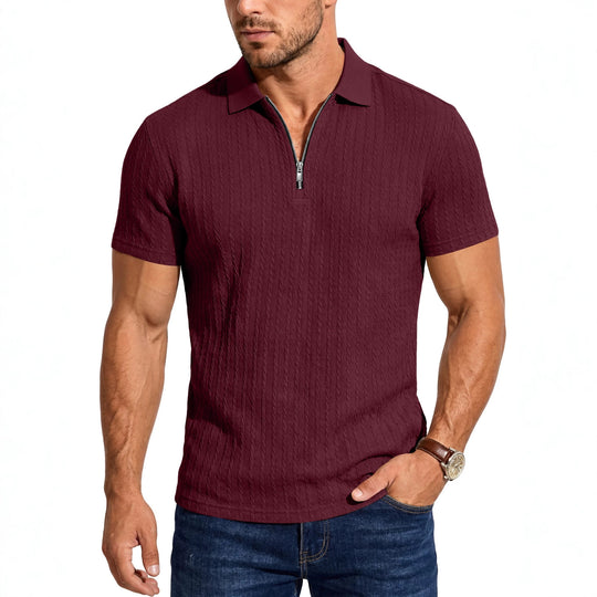 Herren Kurzarm-Strickpoloshirt mit Reißverschluss und Zopfstrickstruktur EB
