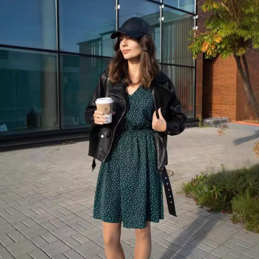 Damen Chiffon-Kleid mit V-Ausschnitt und ballonartigen Ärmeln EB
