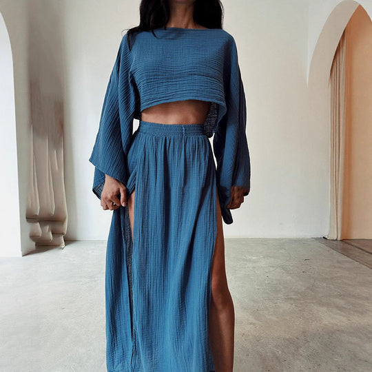 Damen luftiges Set aus cropped Oberteil und hoch geschnittenem Rock EB