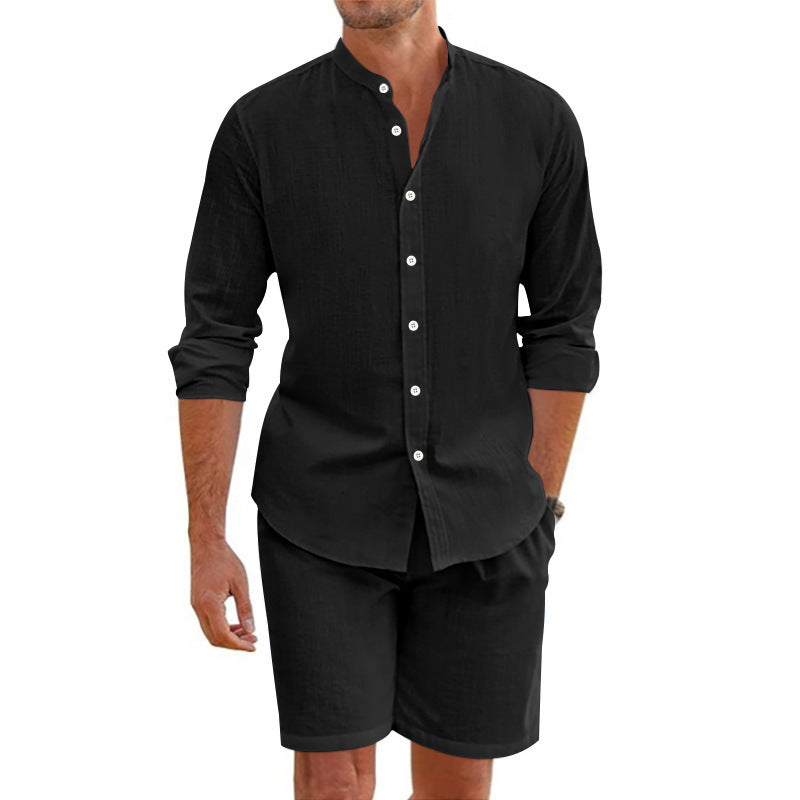 Herren lässiges Outfit-Set mit modernem Henley-Hemd und Shorts EB