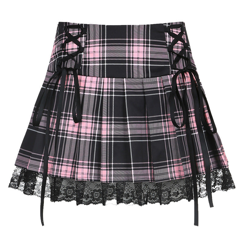 Damen karierter Minirock mit Spitzenabschluss und Schnürdetails EB