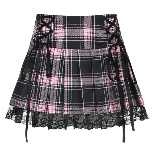 Damen karierter Minirock mit Spitzenabschluss und Schnürdetails EB
