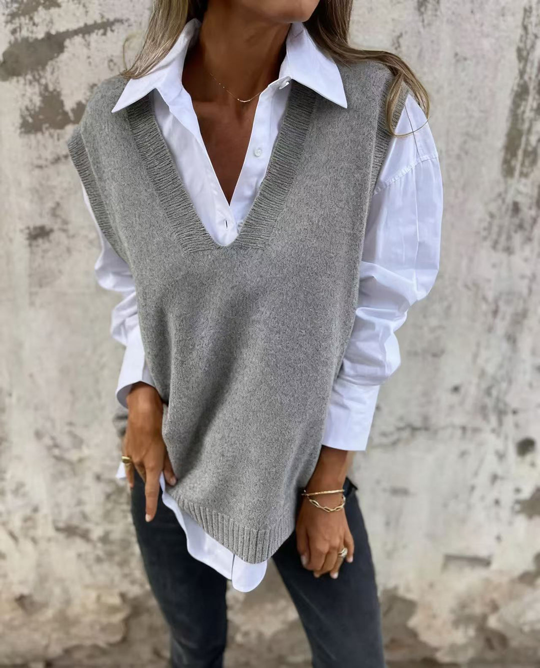Damen lässiger Strickpullover mit V-Ausschnitt EB