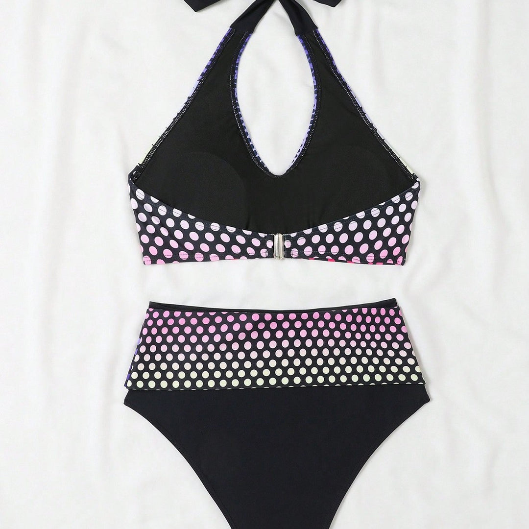 Damen Hochgeschnittenes Bikini-Set mit stilvollem Punktmuster EB