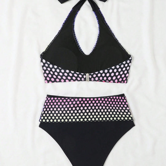 Damen Hochgeschnittenes Bikini-Set mit stilvollem Punktmuster EB