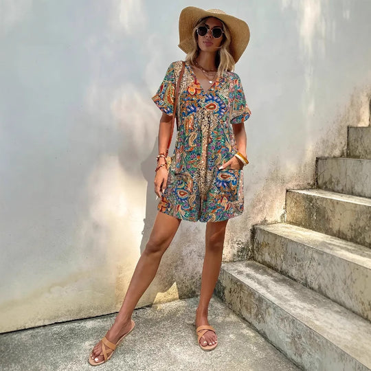 Damen lässiger Jumpsuit mit V-Ausschnitt und wickelbarem Design EB