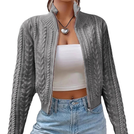 Damen Strickjacke mit modernem Zopfdesign und durchgehendem Reißverschluss EB