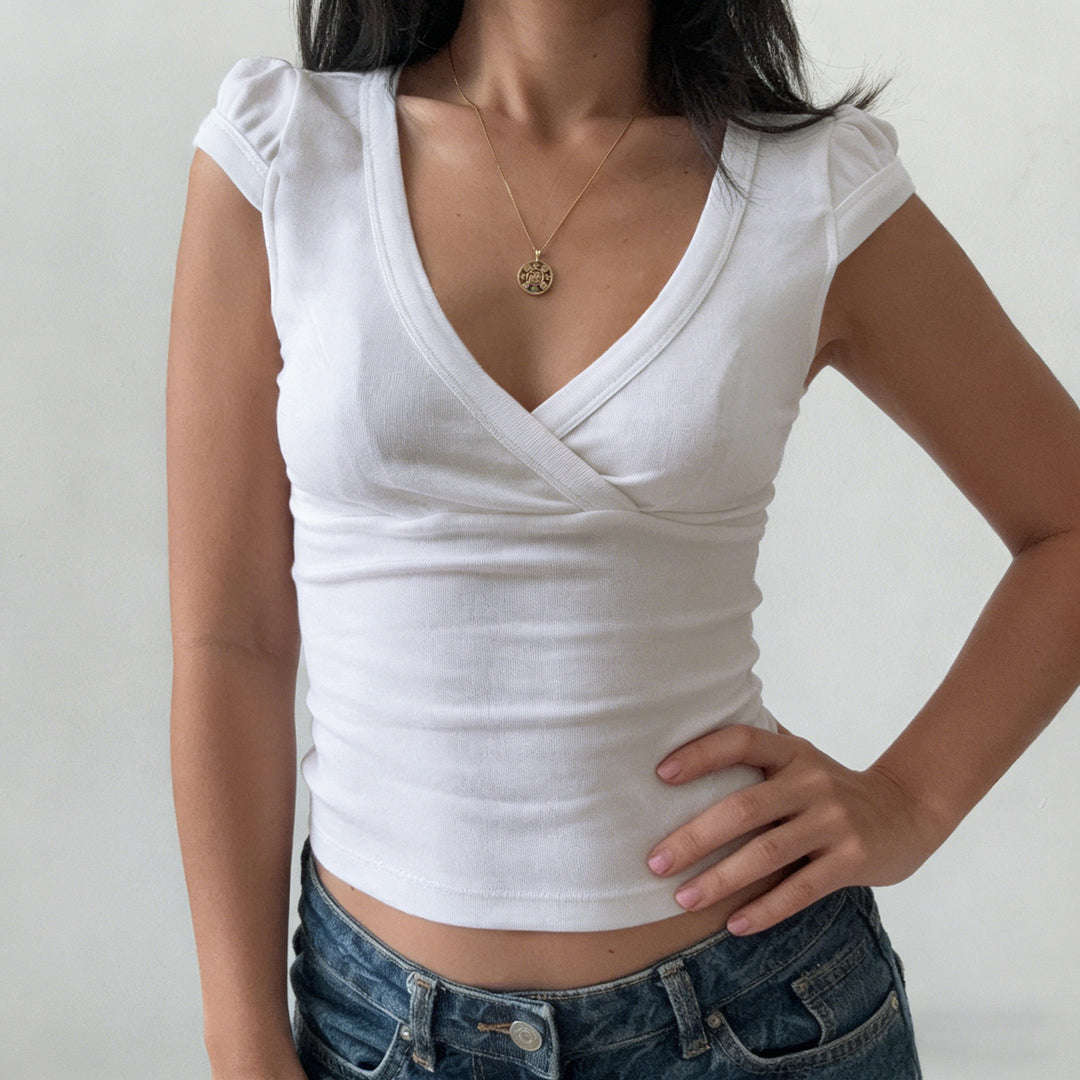 Damen Wickelshirt mit elegantem V-Ausschnitt und figurbetontem Schnitt EB