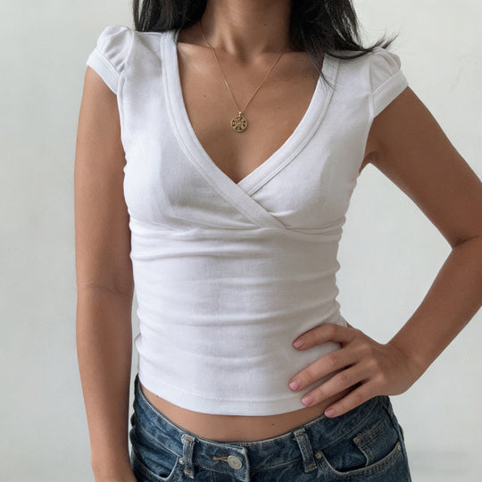 Damen Wickelshirt mit elegantem V-Ausschnitt und figurbetontem Schnitt EB