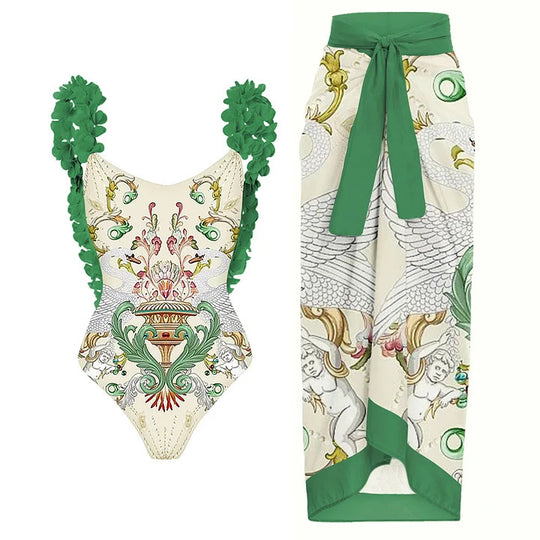 Damen Badeanzug-Set mit floraler Rüschendekoration und elegantem Maxirock EB