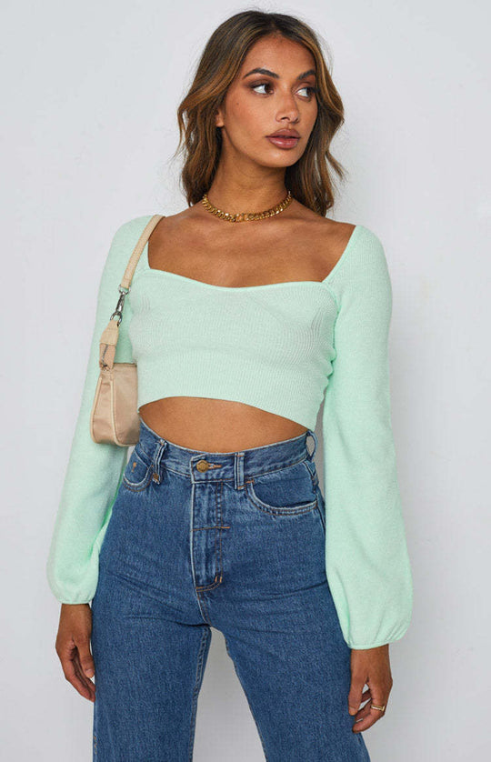 Damen lässiges Crop-Top mit weitem Arm und Rippstruktur EB
