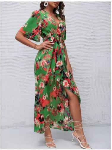 Damen Elegantes Maxi Kleid mit floralen Mustern und Taillengürtel EB