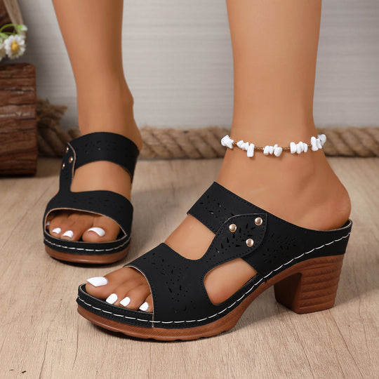 Damen Bequeme Holz-Blockabsatz-Sandaletten mit atmungsaktivem Design EB
