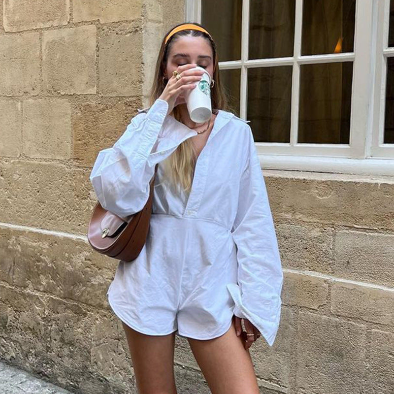 Damen nan taillierter Hemd‑Romper mit Langarm, verdeckter Knopfleiste und figurformender Taille EB