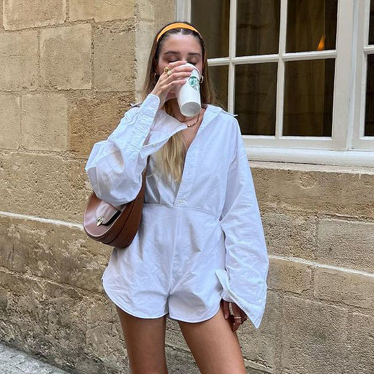 Damen nan taillierter Hemd‑Romper mit Langarm, verdeckter Knopfleiste und figurformender Taille EB