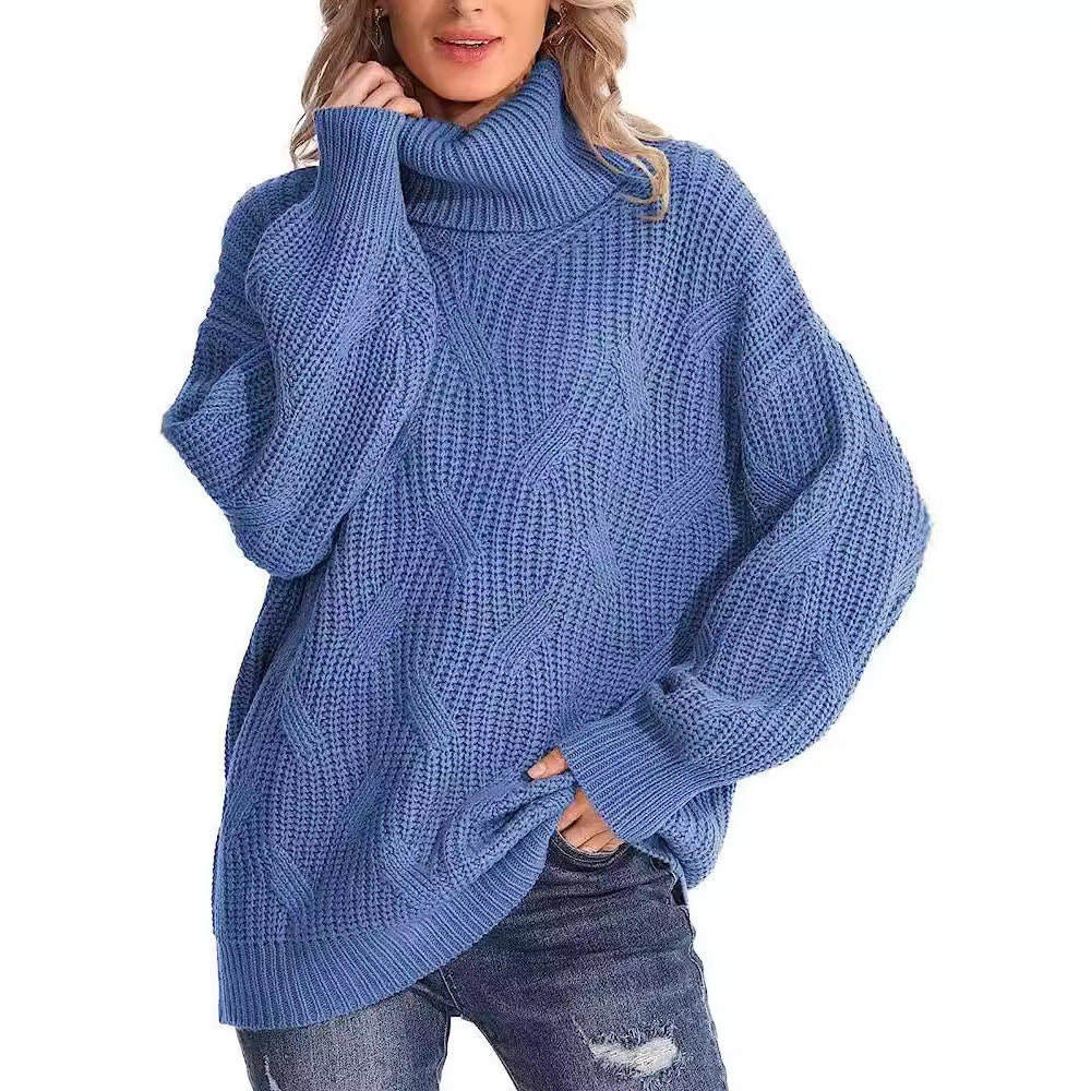 Damen Weicher Strickpullover mit hohem Kragen und Kabelmuster EB