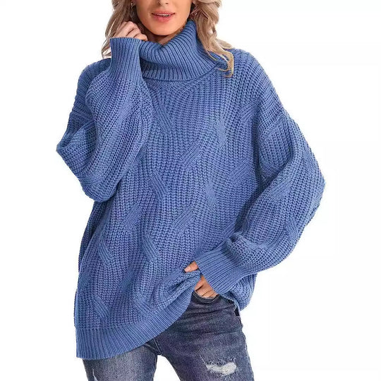 Damen Weicher Strickpullover mit hohem Kragen und Kabelmuster EB