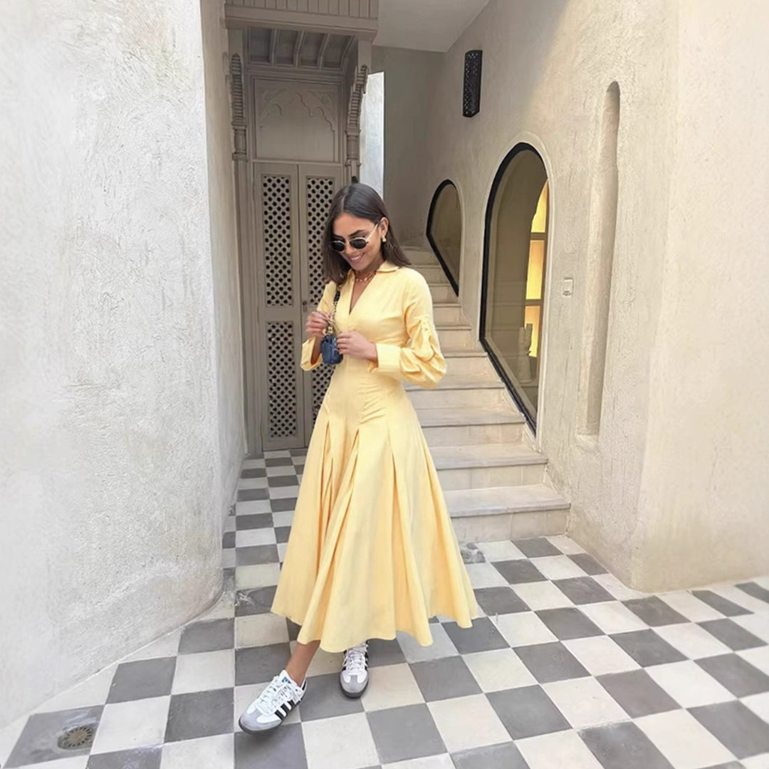 Damen Hemdblusenkleid mit elegantem V-Ausschnitt und weiten Ärmeln EB