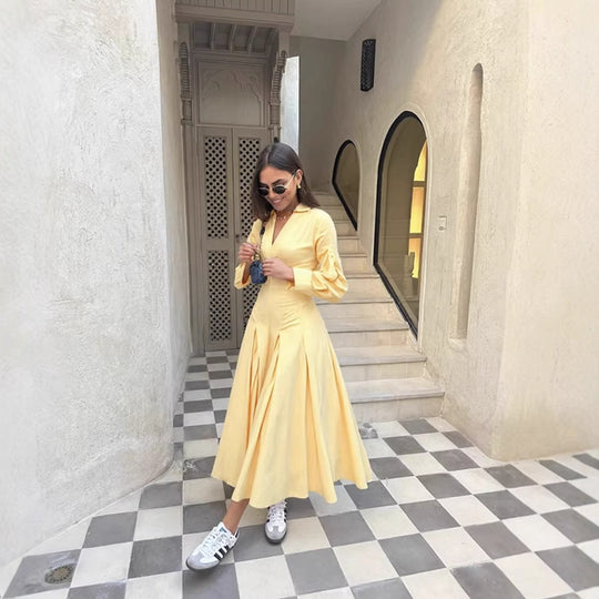 Damen Hemdblusenkleid mit elegantem V-Ausschnitt und weiten Ärmeln EB