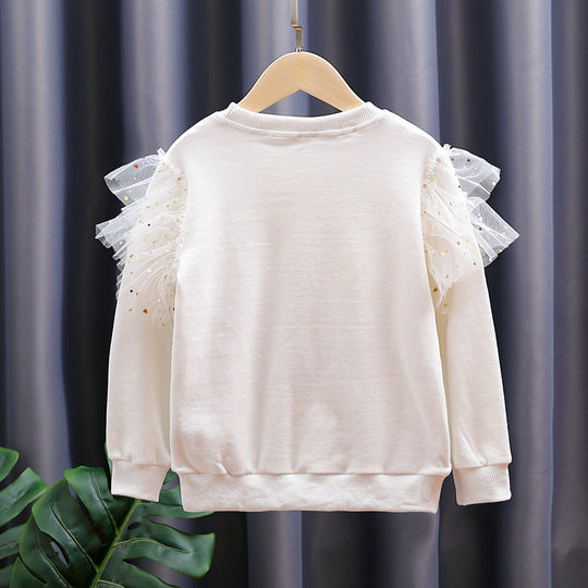 Mädchen modisches Sweatshirt mit transparenten Puffärmeln und Schleifendetail EB