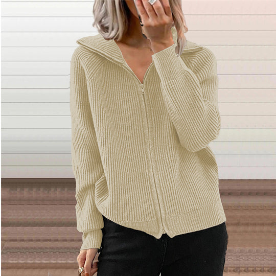 Damen Gerippte Kapuzen-Strickjacke mit Reißverschluss und Eingrifftaschen EB