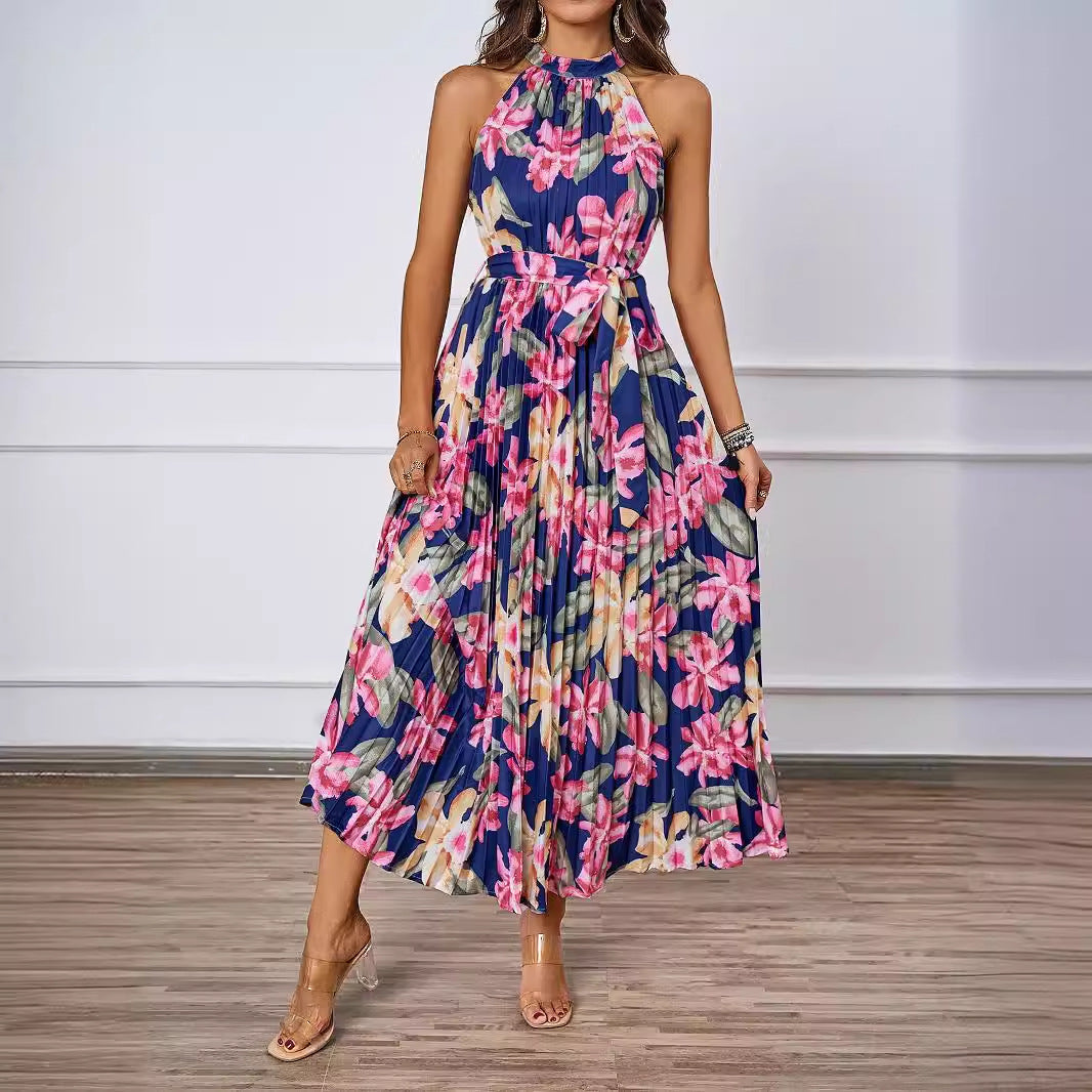 Damen Plissiertes Maxikleid mit tiefem Halterneck und floraler Taillierung EB