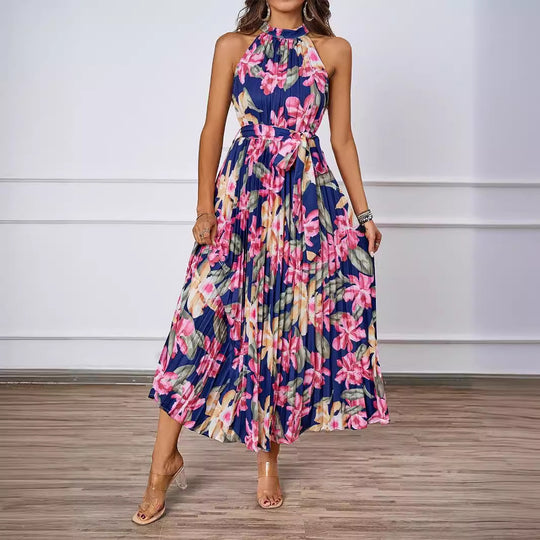 Damen Plissiertes Maxikleid mit tiefem Halterneck und floraler Taillierung EB
