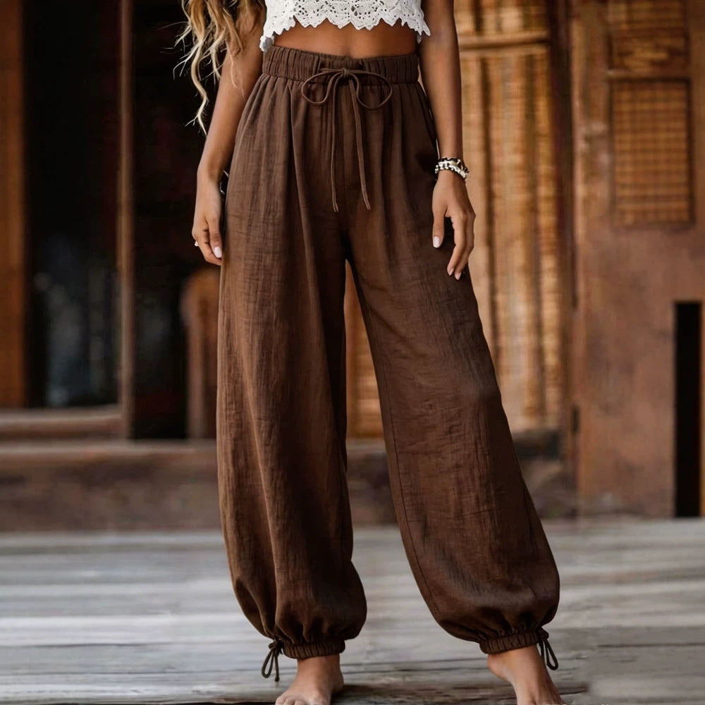 Damen Leichte Leinenhose mit weitem Bein und elastischem Bund EB
