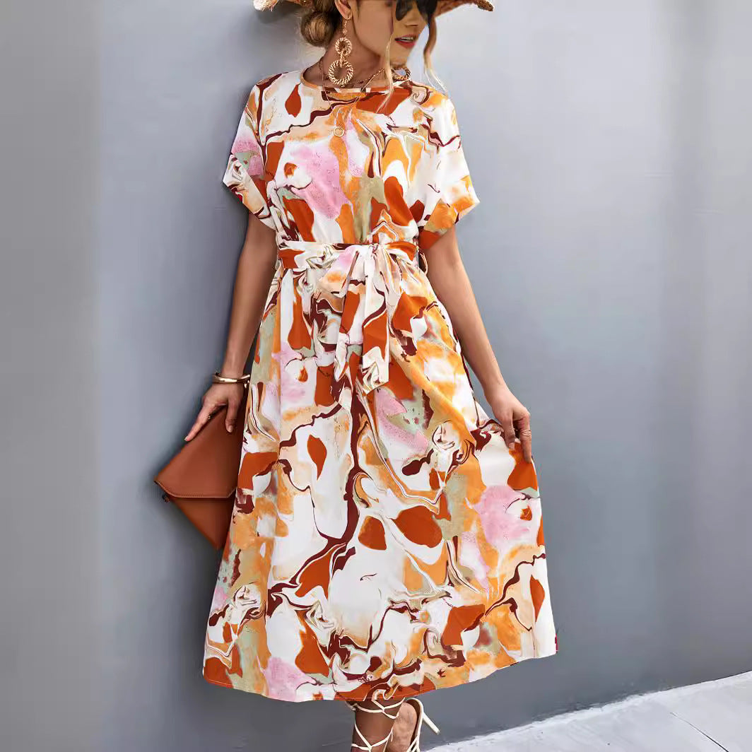 Damen Maxi-Kleid mit fließendem Schnitt und bindbarem Taillengürtel EB