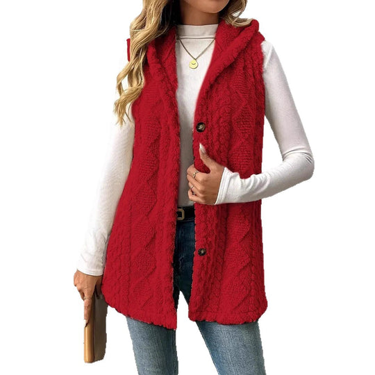 Damen Kuschelige Fleece-Weste mit Kapuze und Knopfverschluss EB
