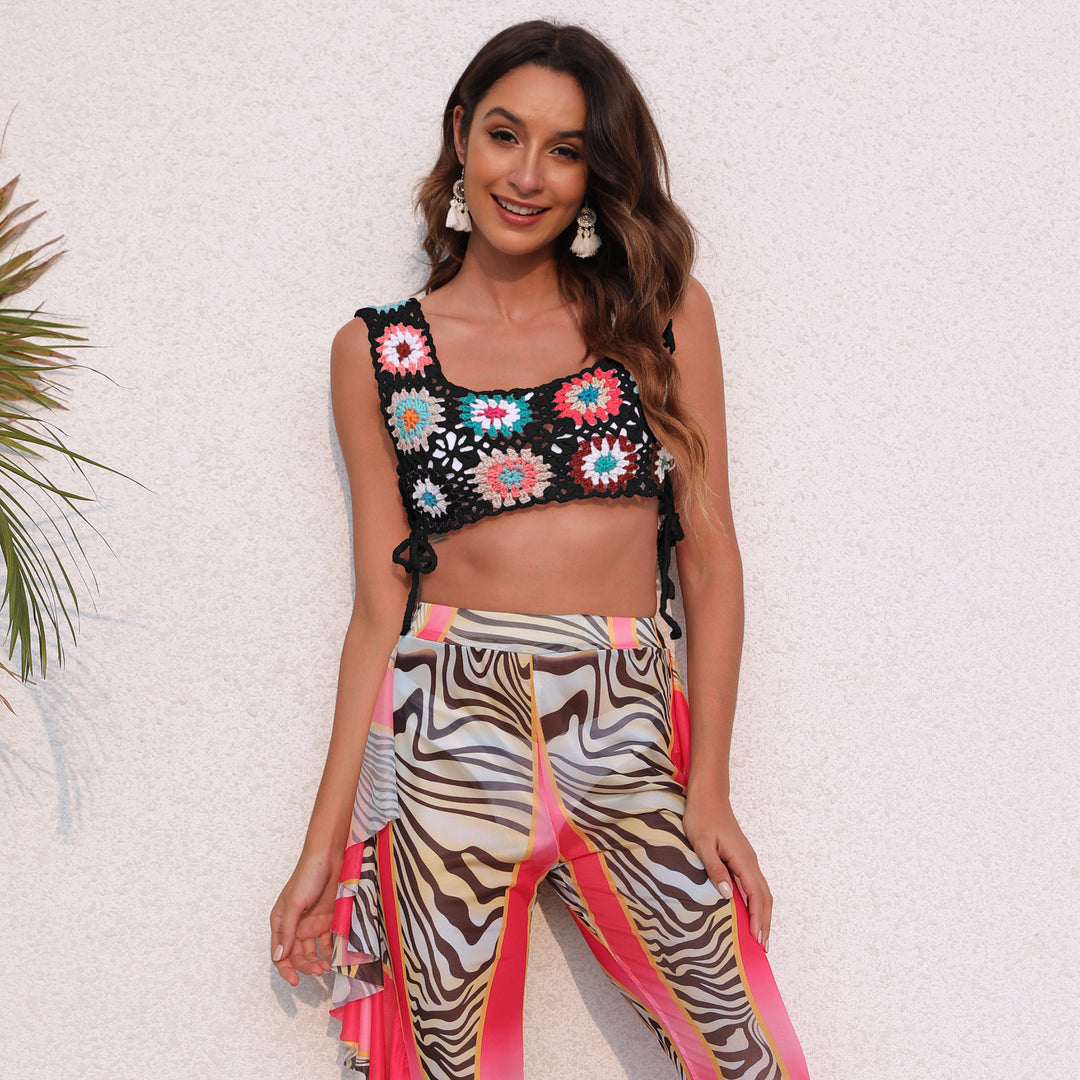 Damen gehäkeltes Crop-Top mit bunten Blumenmotiven EB
