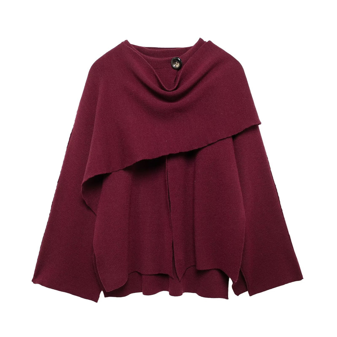 Damen nan zweilagiger Strickponcho mit asymmetrischem Saum und dekorativem Knopfkragen EB