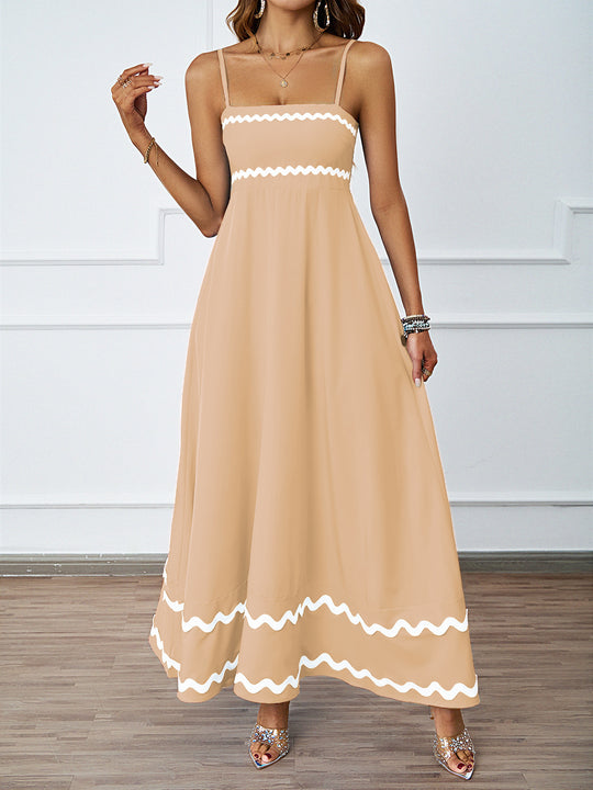 Damen Lange Maxi-Kleid mit Spaghetti-Trägern und dekorativem Saum EB