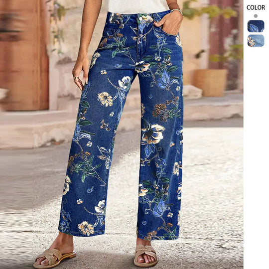 Damen Weit geschnittene Jeans mit floralem Druck und hohem Bund EB