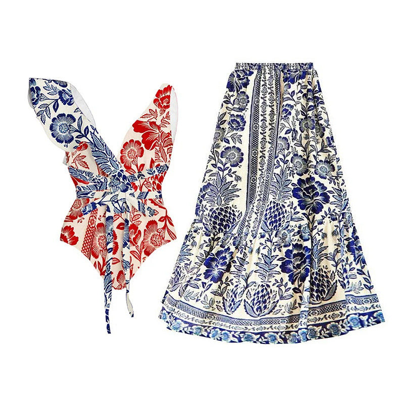 Damen Badeanzug mit floralem Muster und schickem Rock EB