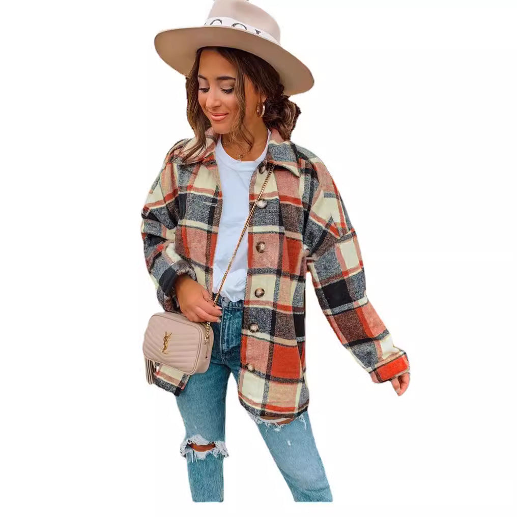 Damen lässige karierte Flanelljacke mit Knopfdetails EB