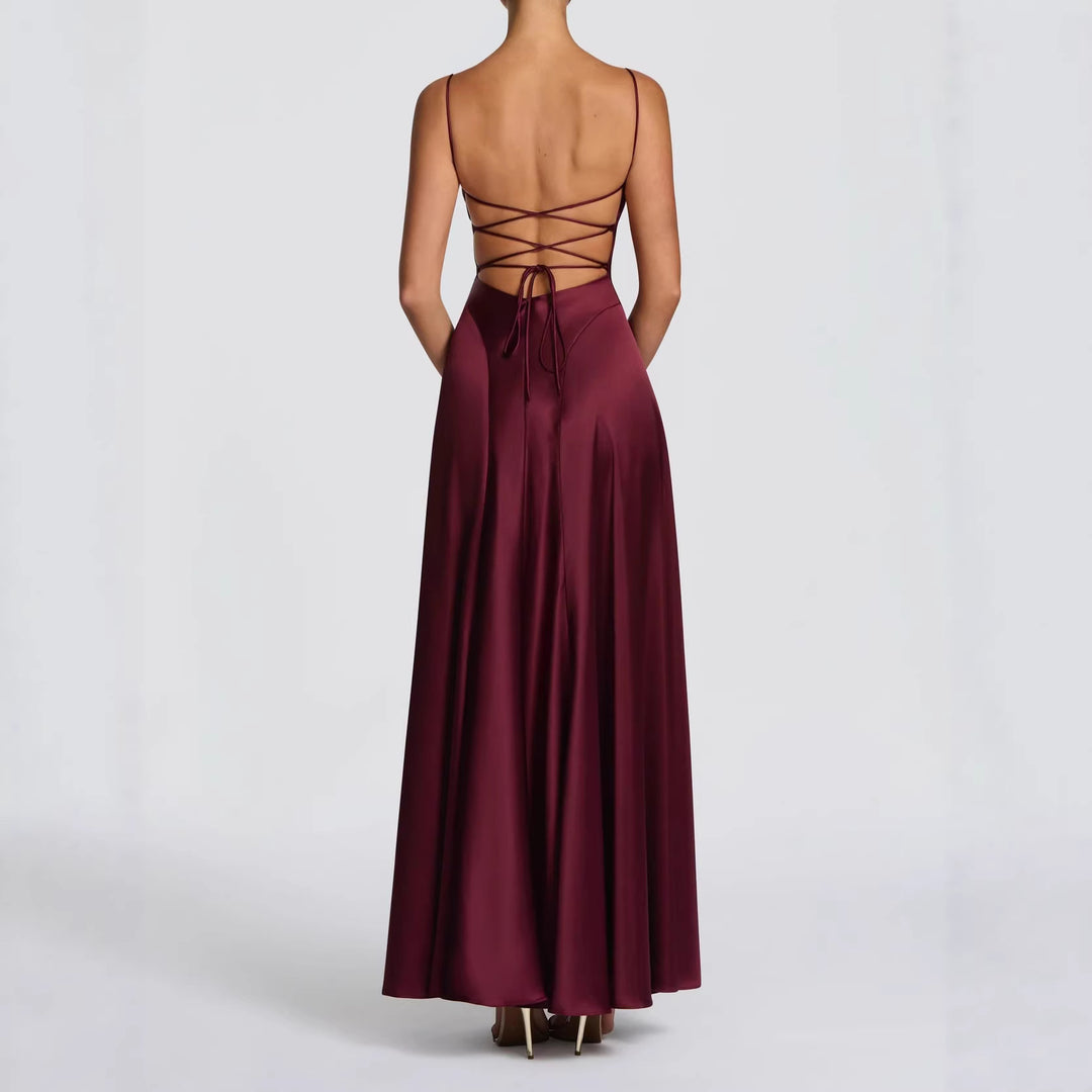Damen Elegantes Maxi-Kleid mit fließendem Satin und verführerischem Spaghettiträger EB