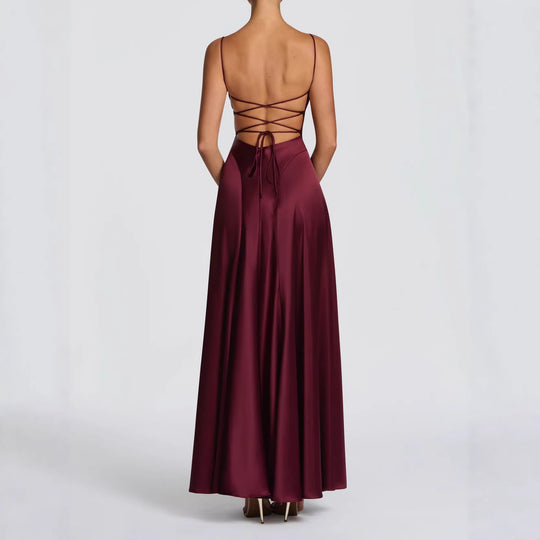 Damen Elegantes Maxi-Kleid mit fließendem Satin und verführerischem Spaghettiträger EB