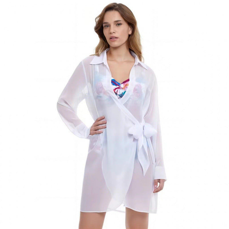 Damen Strandüberwurf mit elegantem Wickeldetail und transparentem Stoff EB