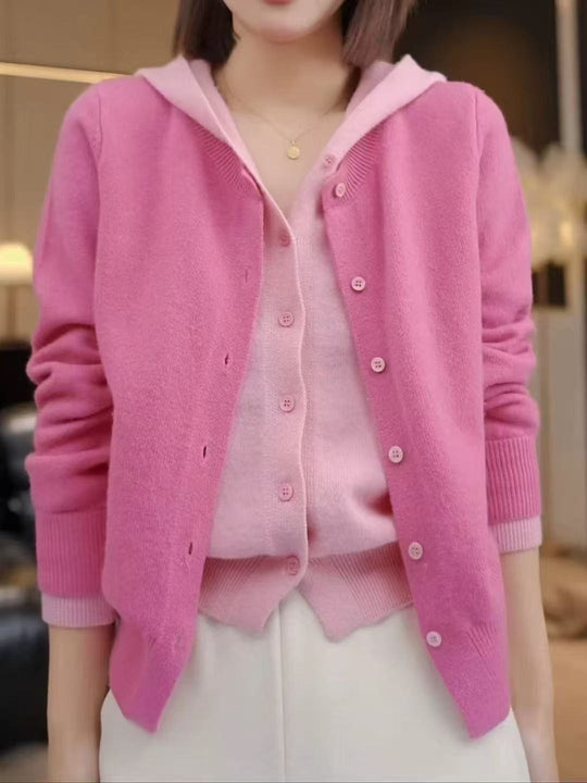 Damen Kuscheliger Cardigan mit Kapuze und Knopfdesign EB