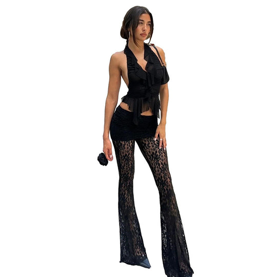Damen Spitzentransparentes Hosen Set EB