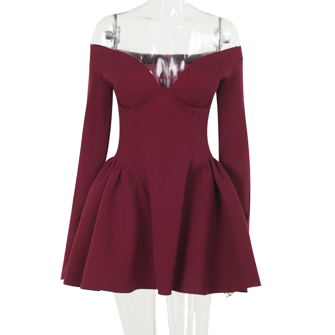 Damen elegantes schulterfreies Minikleid mit weitem Rock EB
