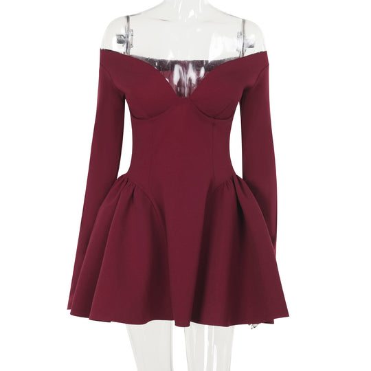 Damen elegantes schulterfreies Minikleid mit weitem Rock EB