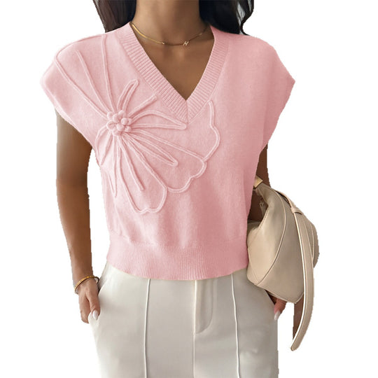 Damen V-Ausschnitt Strickoberteil mit floralem Relieffinish EB
