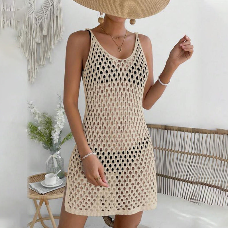 Damen gehäkeltes Strandkleid mit transparentem Netzdesign EB